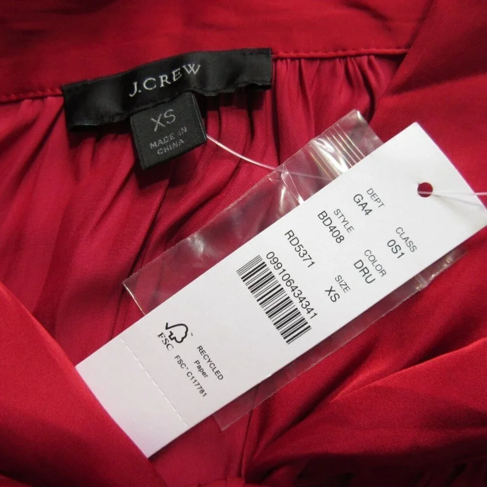 NWT J.Crew Featherweight Satin Tie-Neck Midi in Deep Ruby Red Crinkle Dress XS